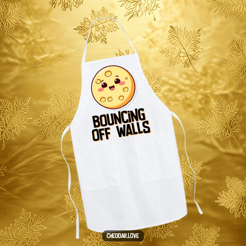 Funny apron with a circular cheese slice character joyfully bouncing, a humorous and practical accessory for the kitchen.
