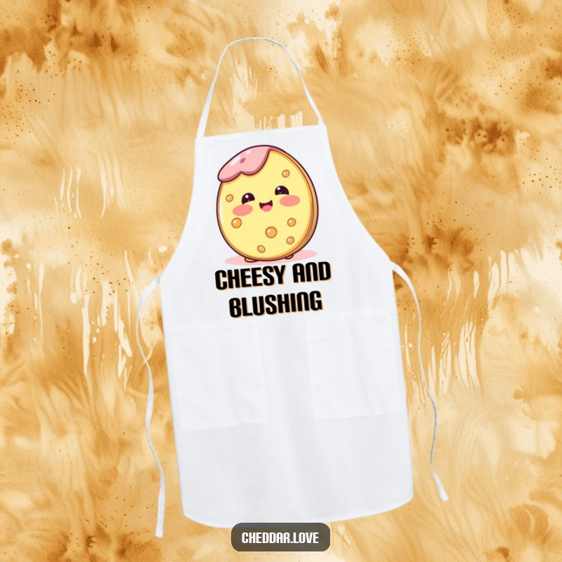Funny apron featuring a cheese wheel blushing happily, perfect for kitchen tasks and spreading joy.
