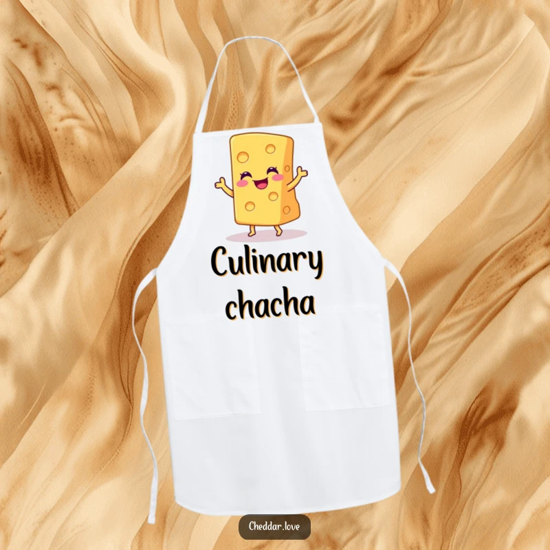 Funny apron showing a smiling wedge of cheddar cheese doing a joyful little dance, perfect for a happy kitchen.