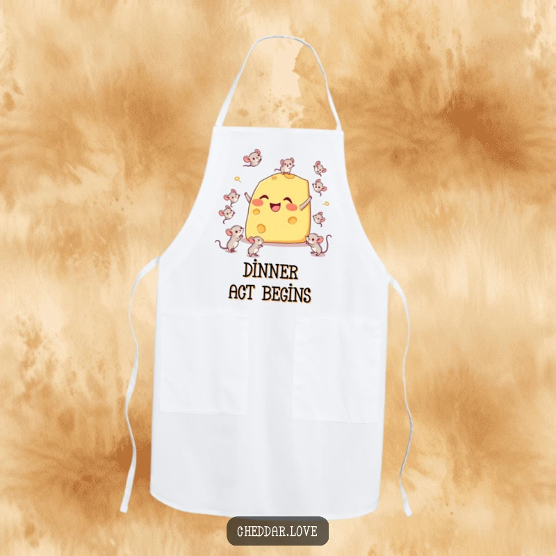 Funny apron showing a happy cheese wedge comically juggling tiny mice, ready for kitchen chaos and culinary creations.