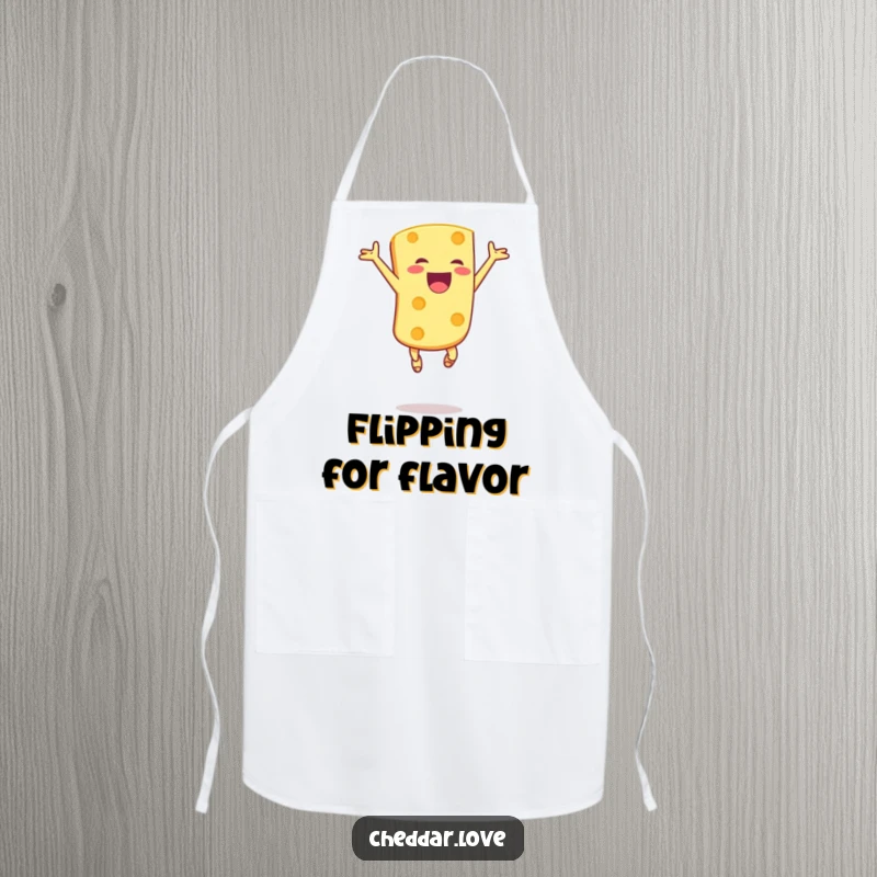 Funny apron showing a joyful cheese chunk leaping in the air with pure excitement, ready for kitchen adventures and tasty treats.