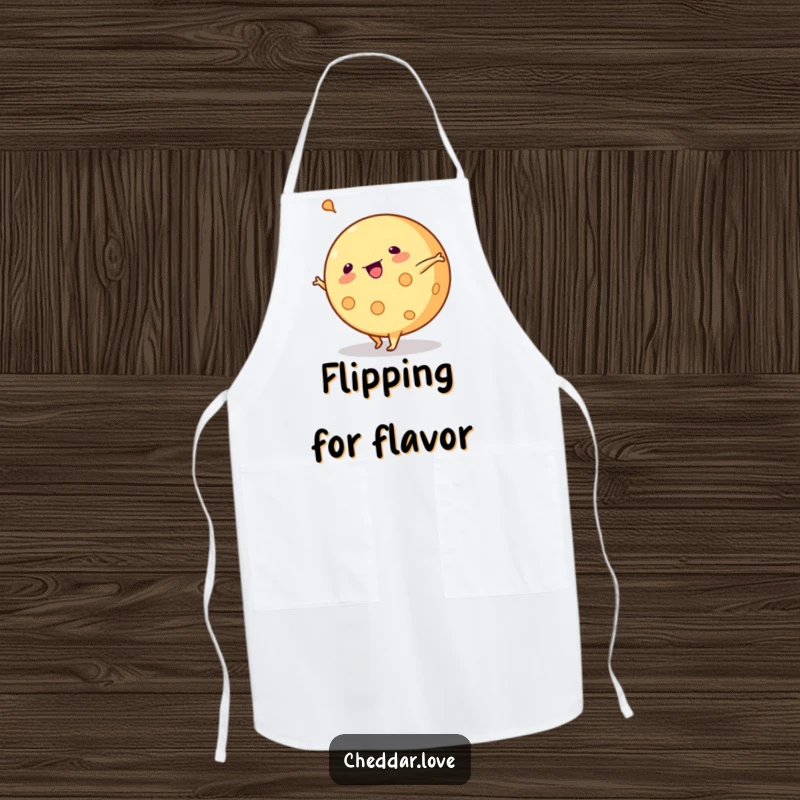 Funny apron: A round of cheese performs a cartwheel, a humorous and practical kitchen accessory.