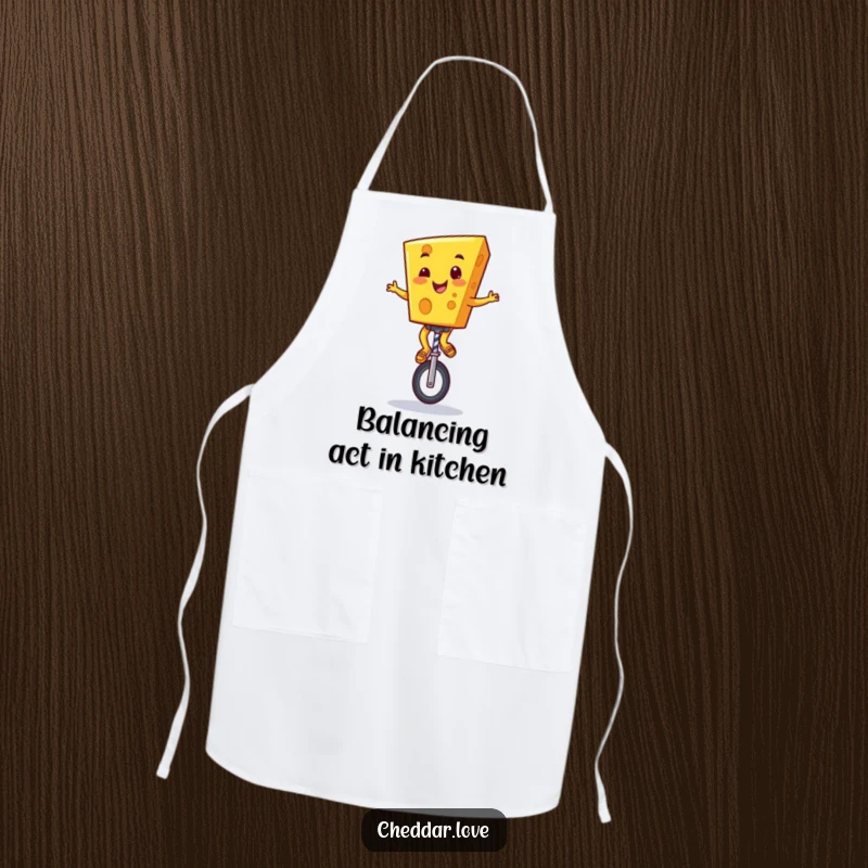 Funny Cheddar Cheese Apron: A cheerful cartoon cheese character on a unicycle, ready for kitchen adventures with a big smile.