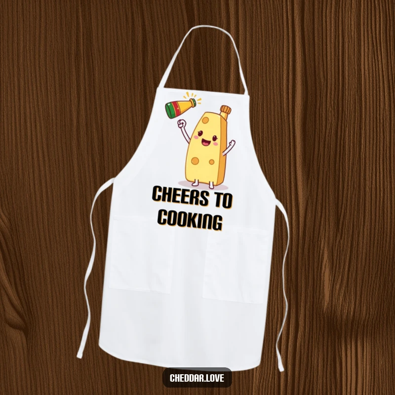 Funny Apron showing a slice of cheese proudly holding a mini champagne bottle, perfect for party cooking.