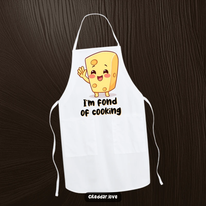 Funny cheese character cheering with a raised hand while cooking, making it a humorous apron and a funny gift.