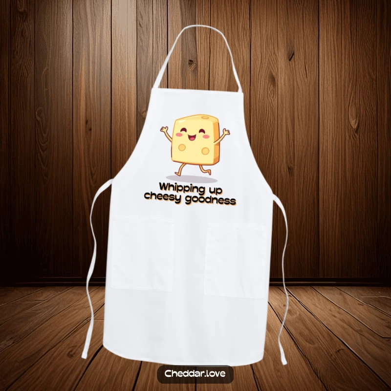 Funny wedge of cheese dancing joyfully on a kitchen apron, funny gift.