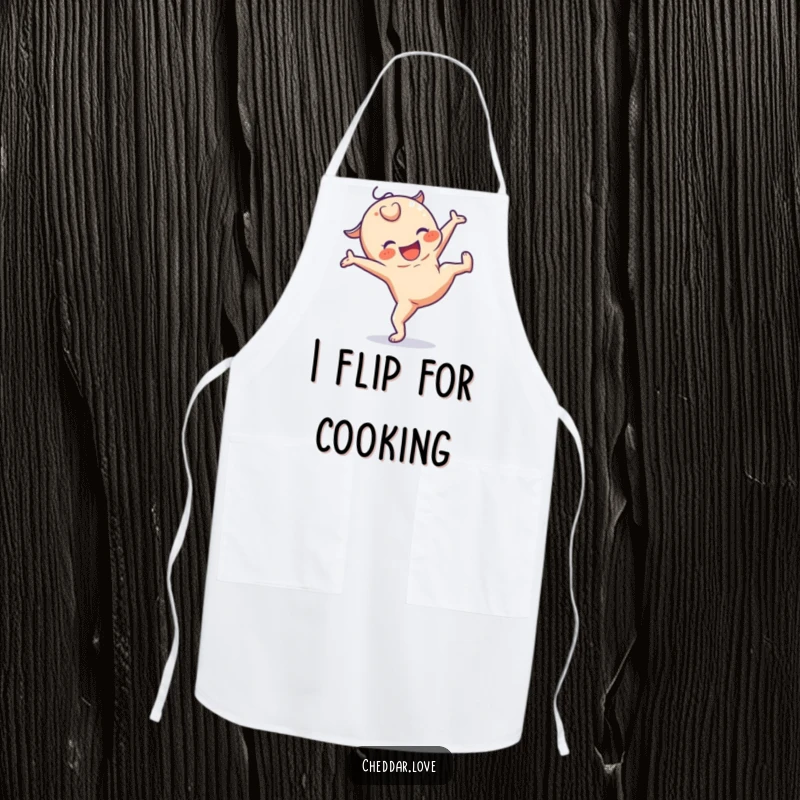 Funny apron featuring a joyful cheese character performing a cartwheel, perfect for adding fun to kitchen tasks.