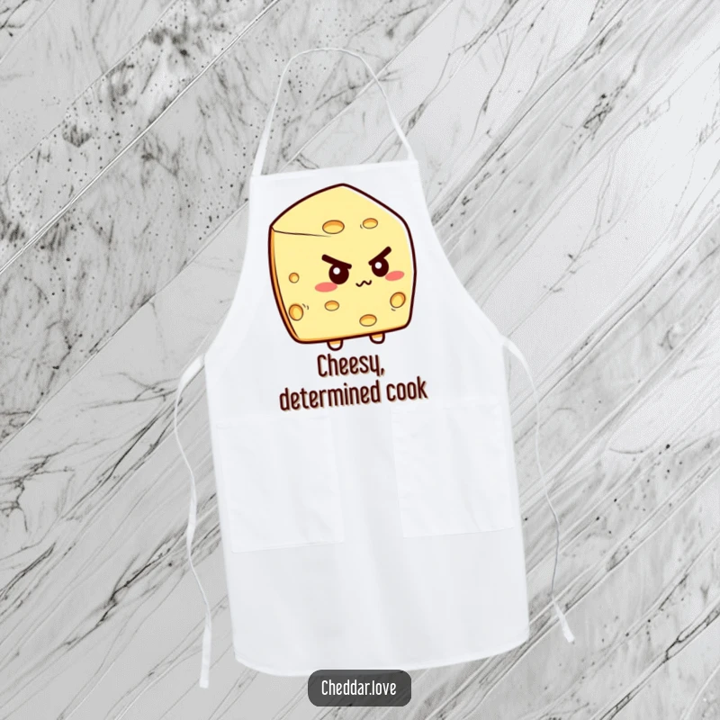 Funny apron with a determined cheese wedge, ready to tackle kitchen challenges with a smile. A great funny gift.