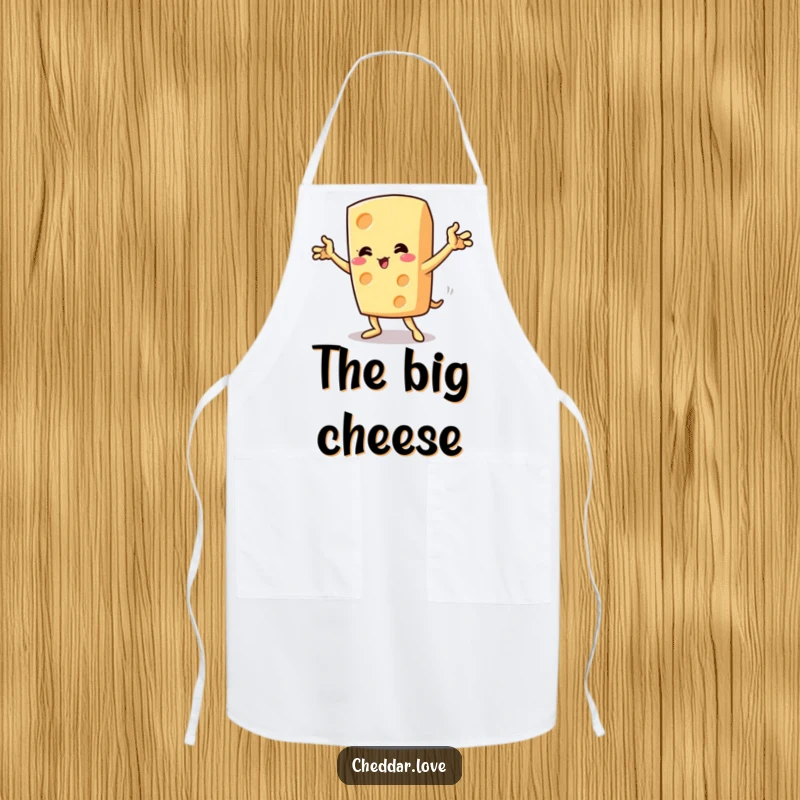 Funny cheese wedge performing a dramatic pose with flourish, an apron for culinary comedy.