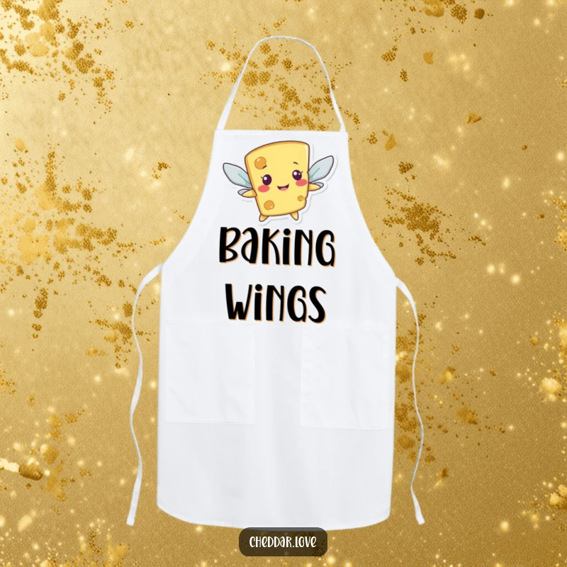 Funny apron showing a smiling cheese character attempting flight with cracker wings, perfect for a humorous kitchen.
