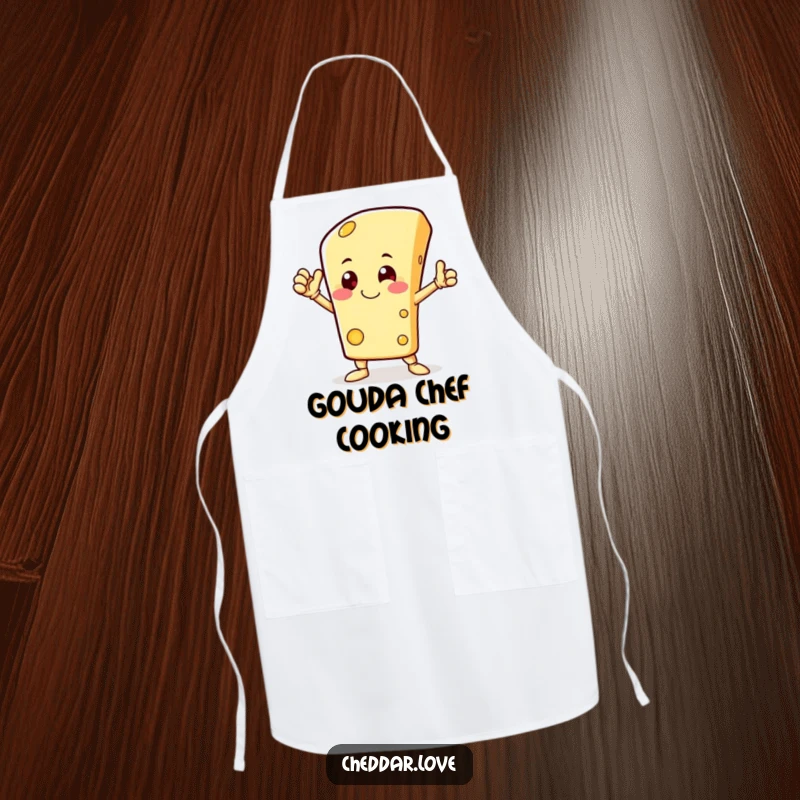 Funny apron with a happy cheese character striking a heroic pose, perfect for adding comical bravery to cooking.