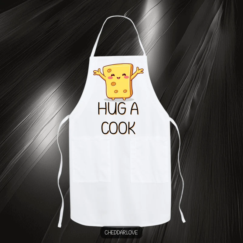 Funny cheese hug apron, a slice of cheese with outstretched arms, ready for a hug, ideal for culinary fun and spreading love.