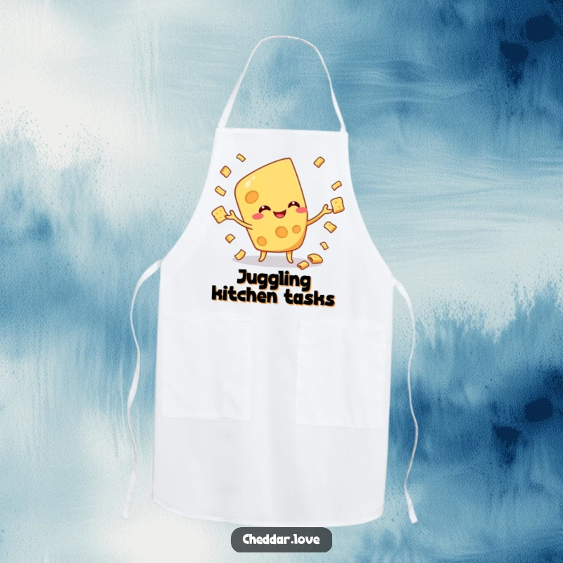 Funny apron showing a cheese character juggling crackers, ideal for kitchen activities and adding humor to cooking.