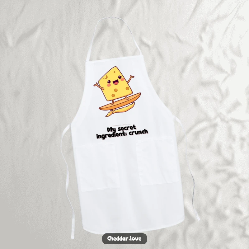 Funny apron with a cheese wedge character surfing a potato chip, ready to protect clothes while cooking.