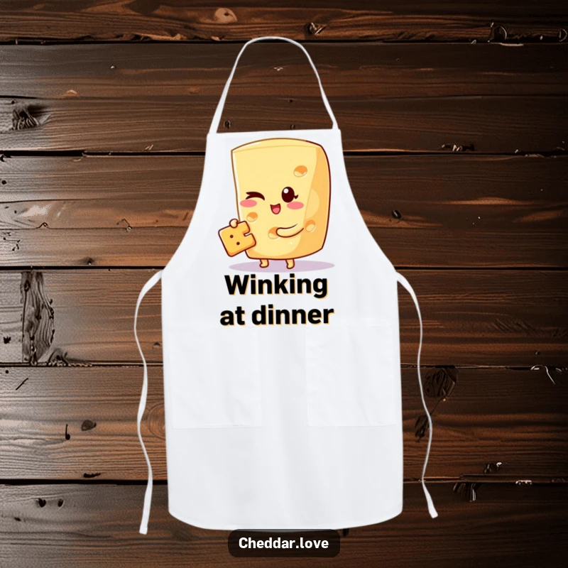 Funny apron featuring a cheese wedge winking playfully while holding a cracker, perfect for kitchen fun.