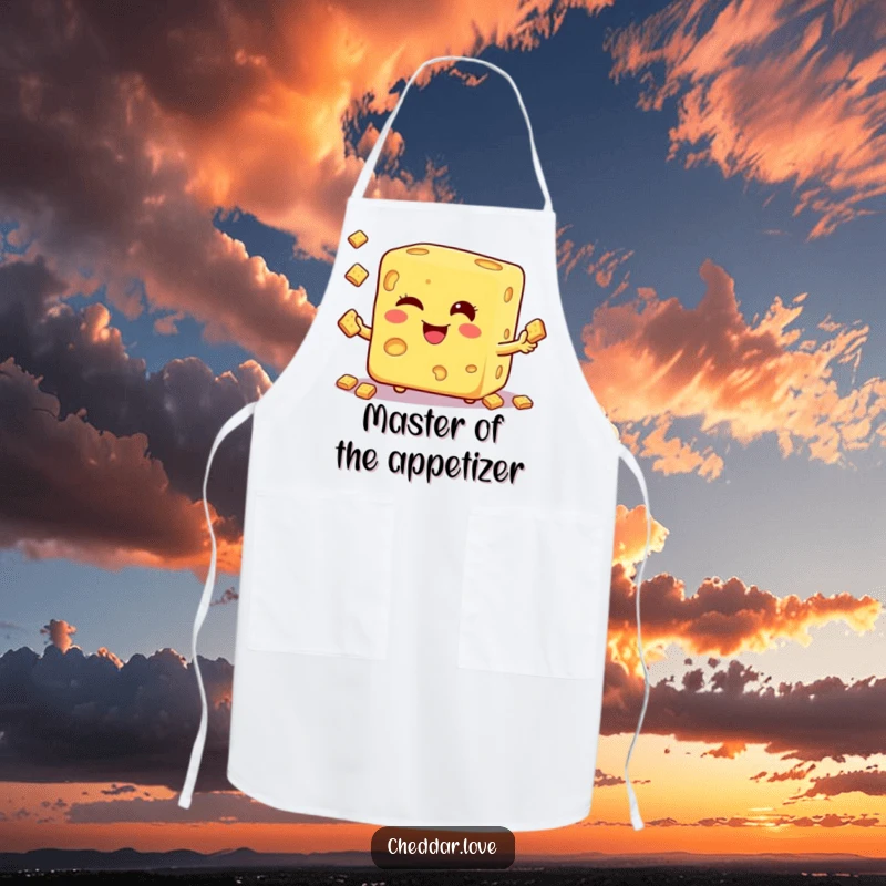 Funny apron showing a winking cheese cube juggling crackers, perfect for keeping clothes clean during cooking.