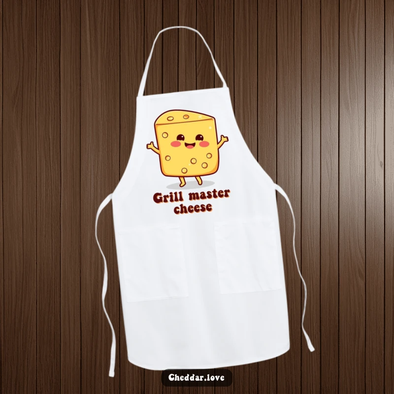 Funny smiling wedge of cheddar cheese doing a happy dance, a humorous and practical apron for kitchen fun.