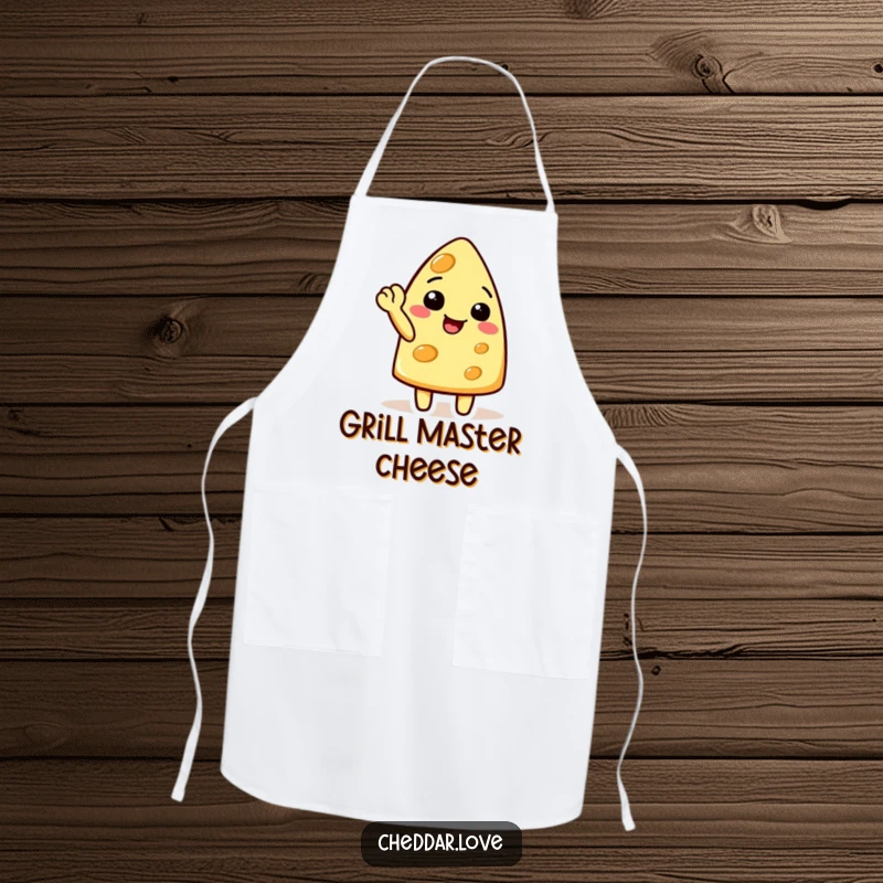 Funny cheese character doing a cheerful wave with a raised corner, on a humorous cheese apron, a great gift.
