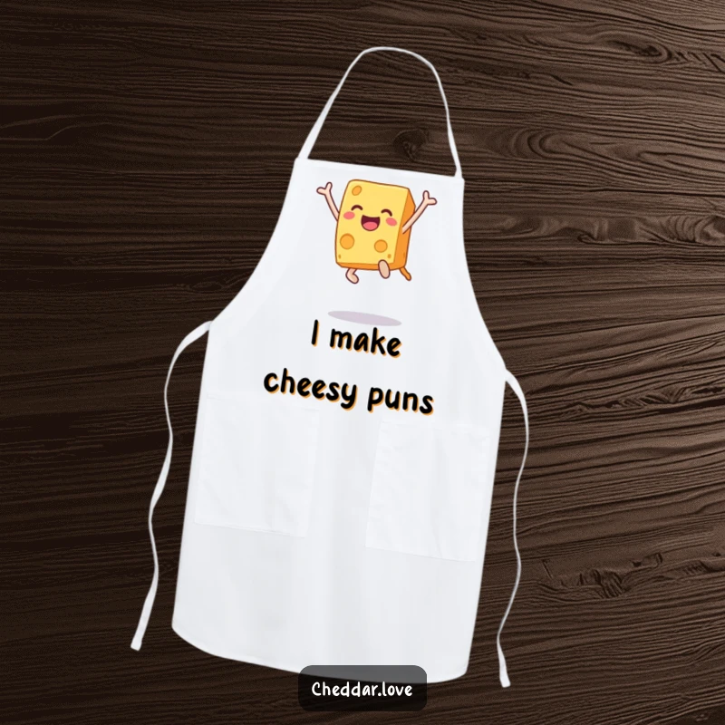 Funny apron showcasing a joyful cheese block in a celebratory leap, perfect for kitchen fun. A great funny gift.