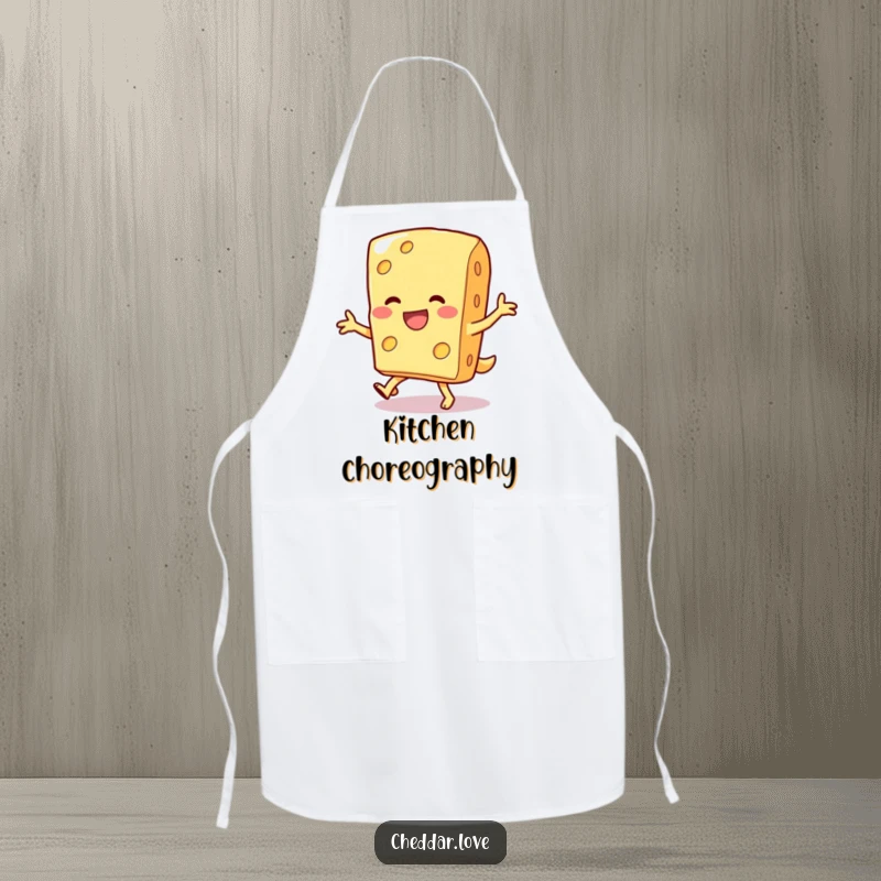 Funny apron showcasing a smiling cheese slice doing a silly dance, perfect for a fun-filled kitchen.