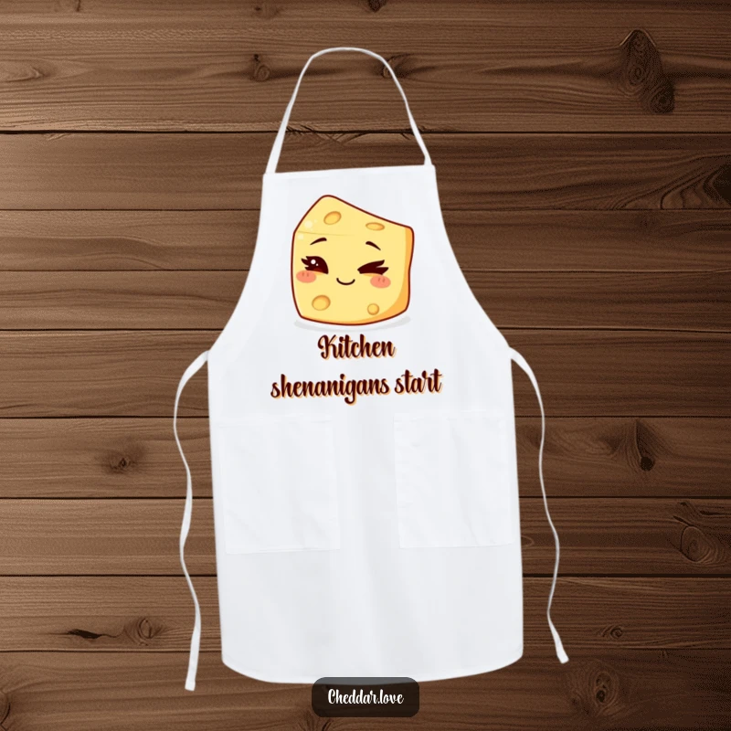 Funny Apron showing a mischievous chunk of cheese winking playfully, perfect for a playful cook.