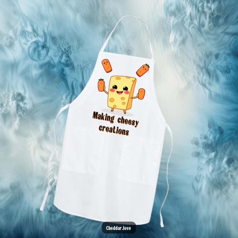 Funny Apron: A grinning cheese slice gleefully juggles pepperoni, indicating playful kitchen activities.