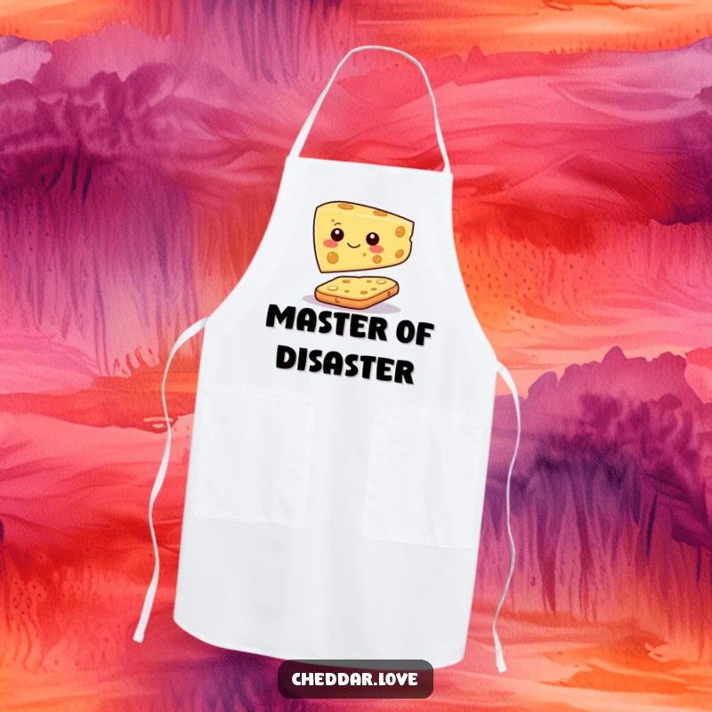 Funny apron with a happy cheese slice character balancing precariously on a cracker, ready to supervise kitchen creations.