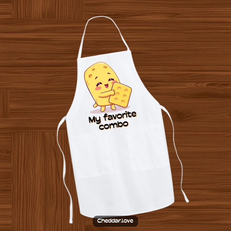 Funny Apron showing a cheese character giving a big, loving hug to a cracker, perfect for a warm kitchen.