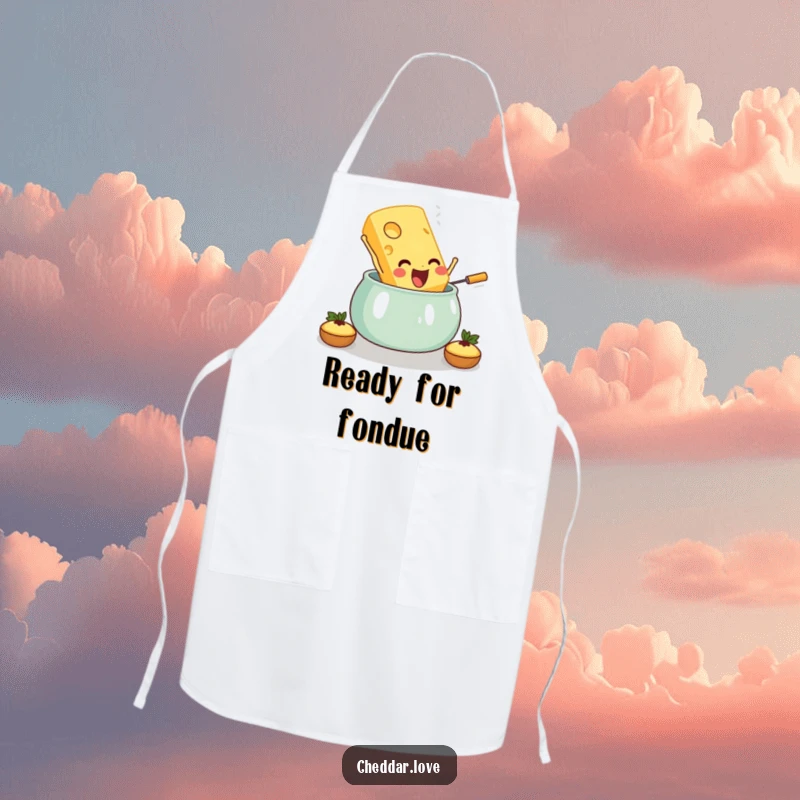 Funny apron designed for cooks, showing a cheese slice diving into a fondue pot, perfect for kitchen fun.