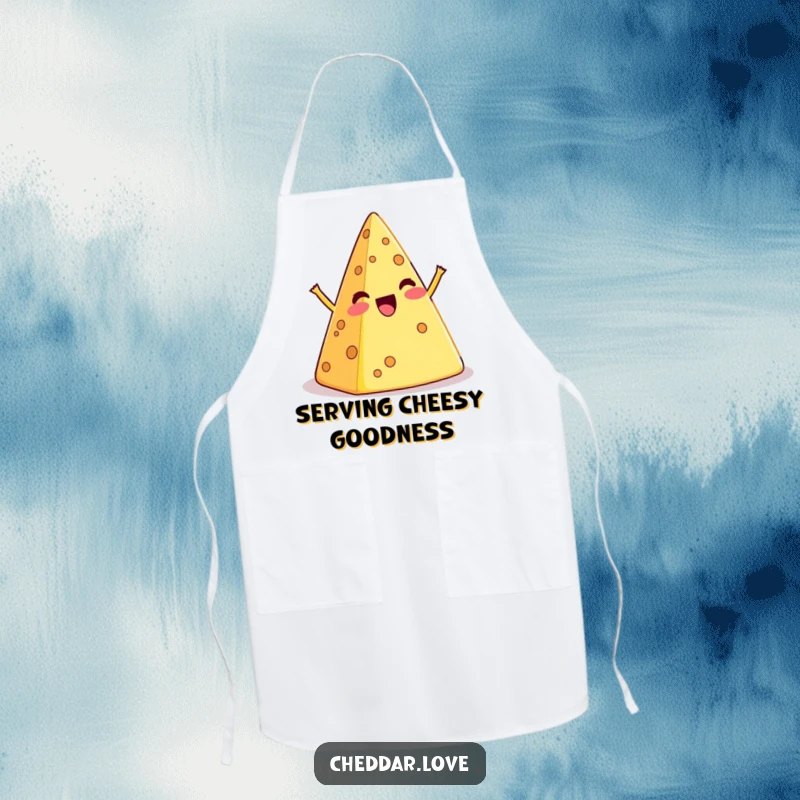 Funny apron featuring a cartoon cheese pyramid in a playful, exaggerated wobble, designed for chefs.