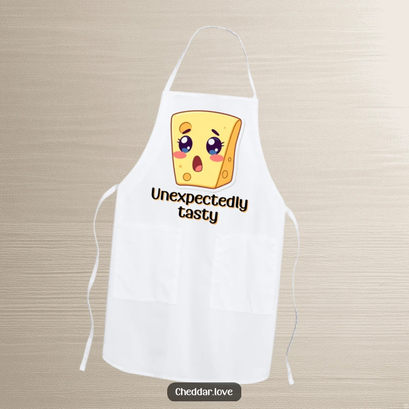 Funny apron with a wide-eyed, open-mouthed cheese slice showing surprise. A great funny gift.