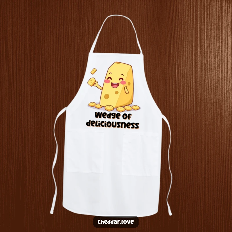 Funny cheese wedge grinning and juggling tiny crackers, on an apron, for chefs who appreciate playful performance.