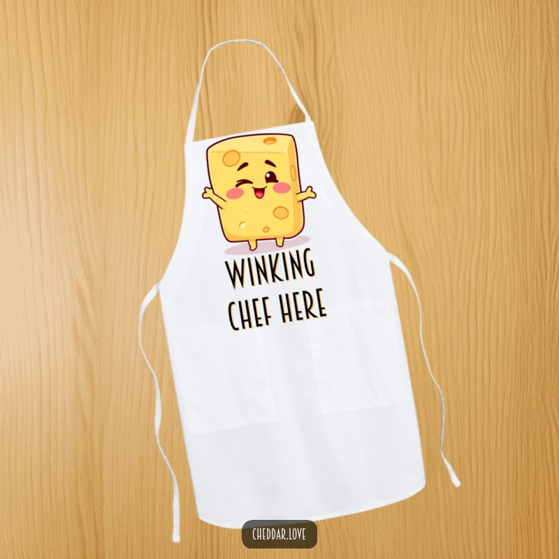 Funny apron with a block of cheese giving a cheerful wink and striking a silly pose, a humorous kitchen accessory.