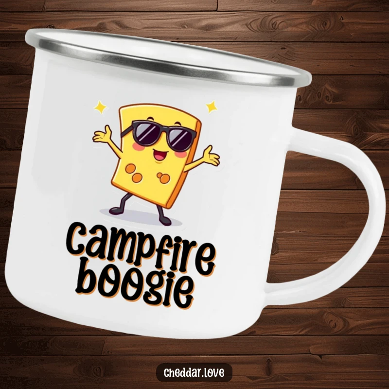 Funny camping mug with a slice of cheese in sunglasses doing a disco pose, ideal for outdoor enthusiasts who love fun.