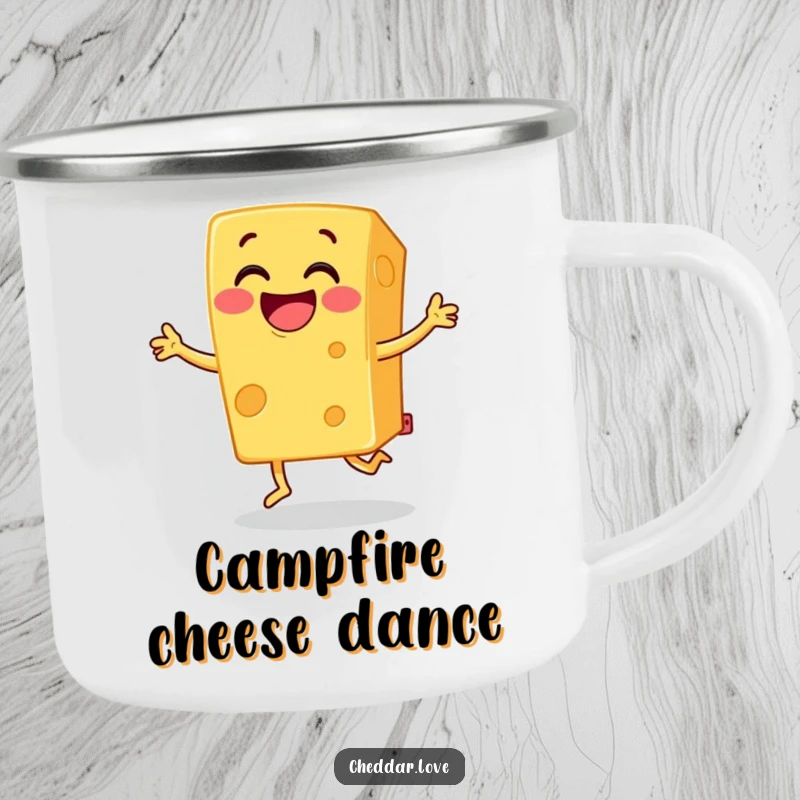 Funny cheddar cheese camping mug, a block of grinning cheese doing a joyful jig, great for camping trips and smiles.