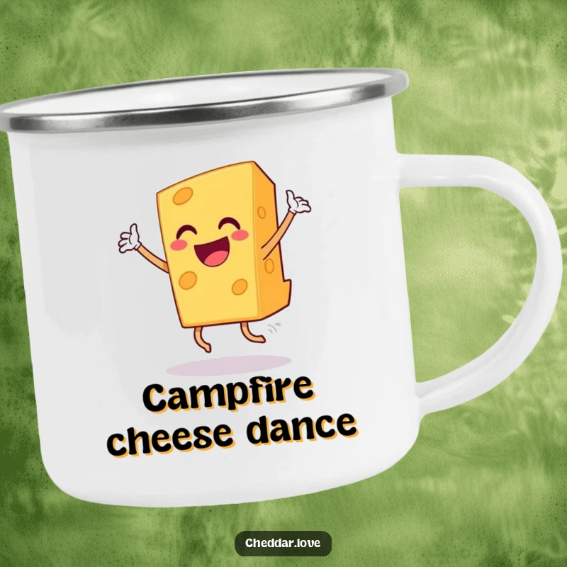 Funny grinning cheddar cheese slice dancing triumphantly, a sturdy and humorous camping mug.
