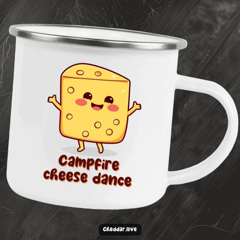 Funny smiling wedge of cheddar cheese doing a happy dance, a sturdy camping mug for cheesy outdoor moments.