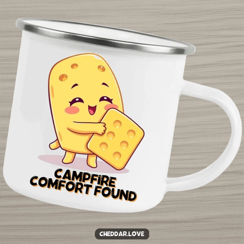 Funny Camping Mug depicting a cheese character giving a big hug to a cracker, symbolizing friendship outdoors.