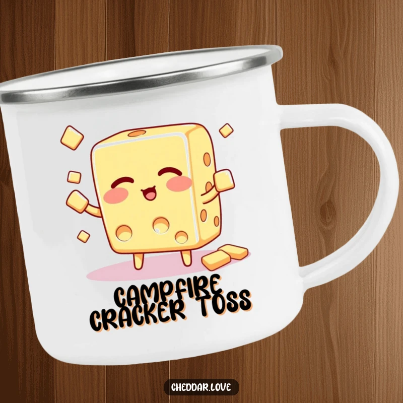 Funny Camping Mug: A winking cheese cube juggles small crackers, perfect for enjoying drinks during outdoor adventures.