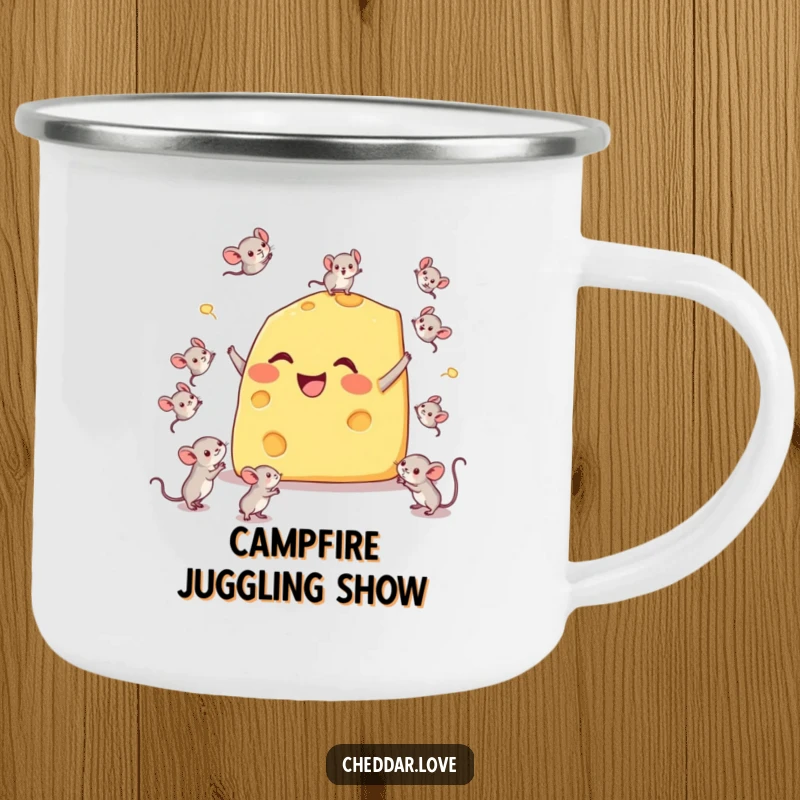 Funny camping mug showing a happy cheese wedge comically juggling tiny mice, perfect for outdoor enjoyment.
