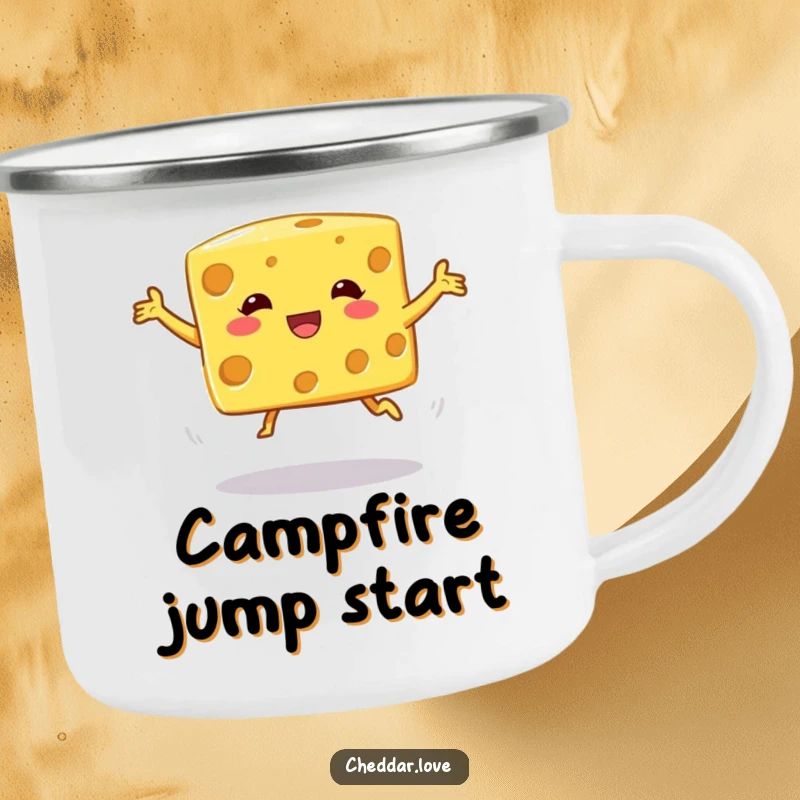 Funny Camping Mug: A cheese cube performing a wobbly jump, perfect for enjoying drinks outdoors.