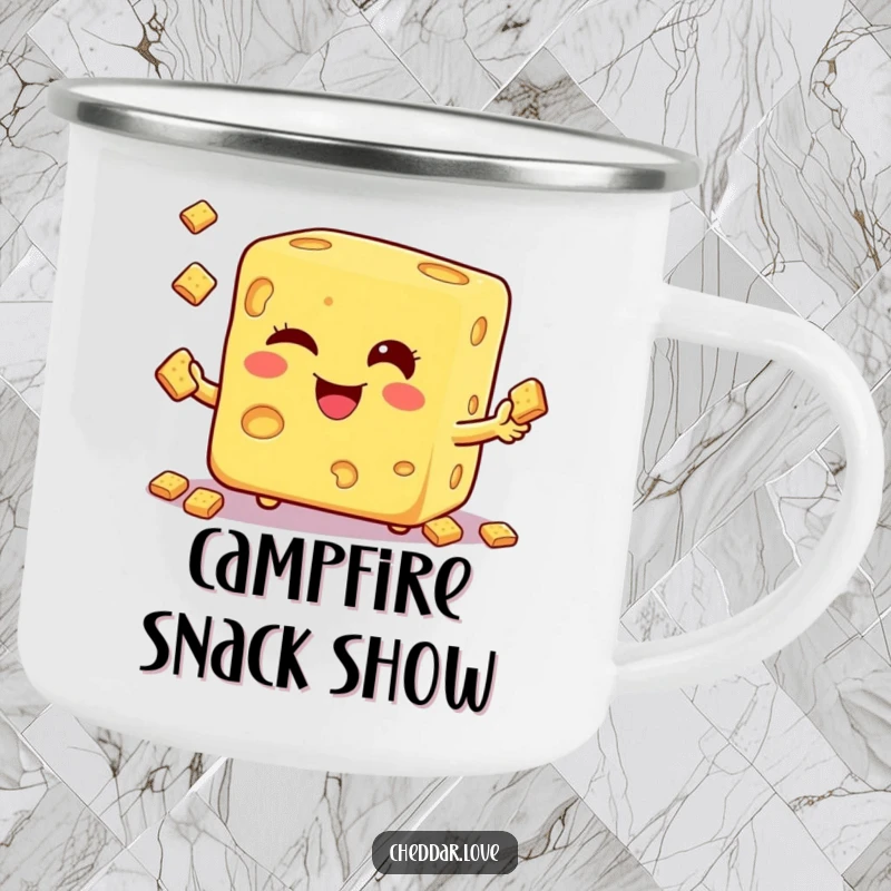 Funny camping mug with a winking cheese cube juggling crackers, ideal for enjoying drinks in the great outdoors.