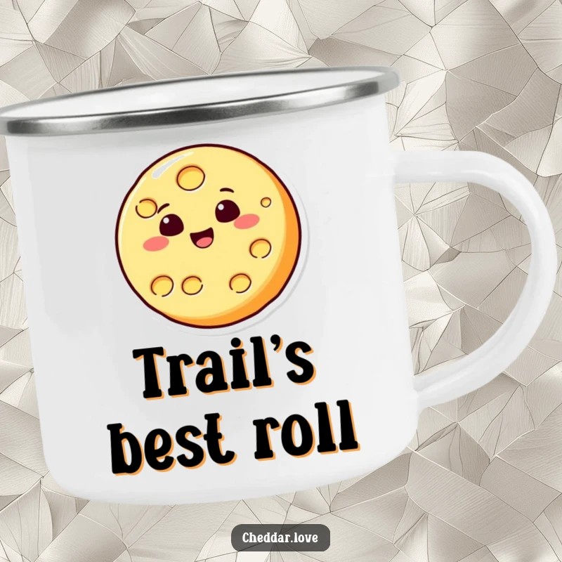 Funny camping mug featuring a circular cheese character bouncing cheerfully, designed for outdoor adventures and cheesy laughs.