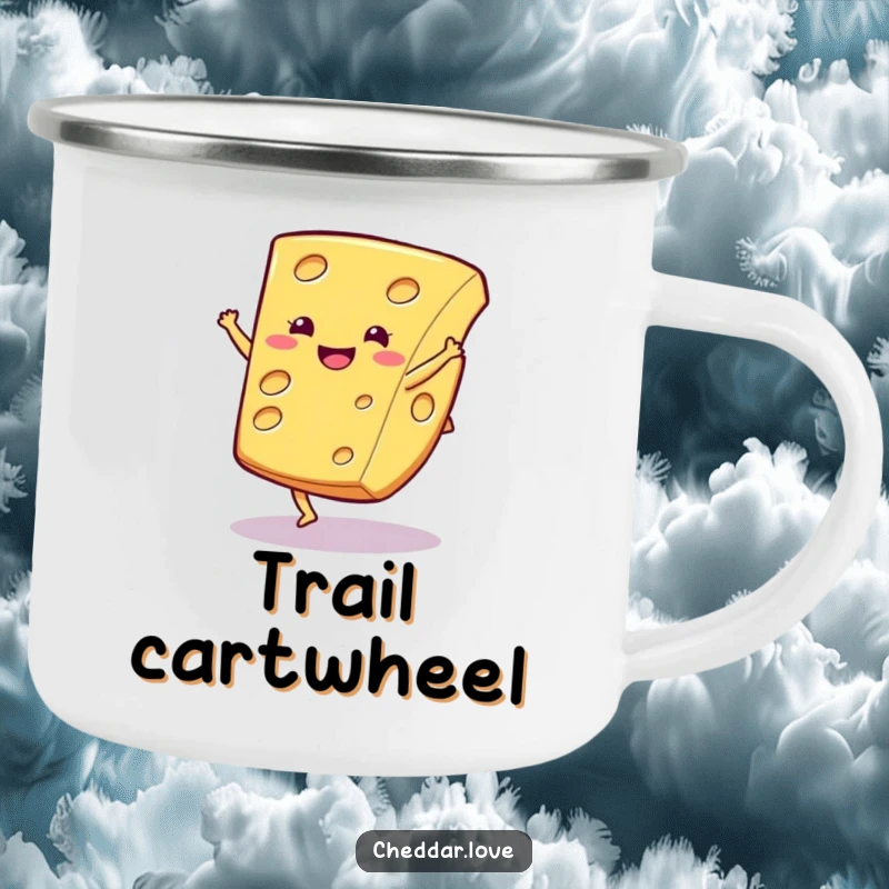 Funny cheese camping mug, a happy cheese slice performing a cartwheel, ready for outdoor fun and hot beverages.