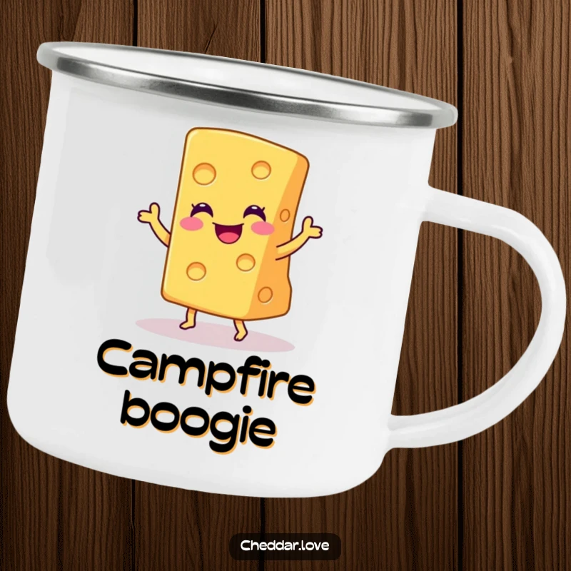 Funny camping mug with a smiling wedge of cheddar cheese doing a joyful little dance, ready for outdoor fun.