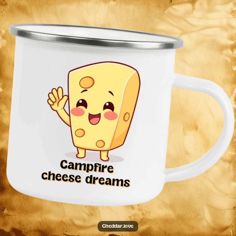 Funny cheese character cheering with a raised hand, ideal for a durable camping mug and a funny outdoor gift.