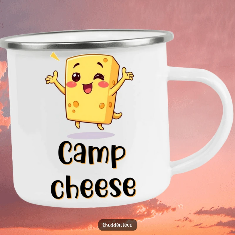 Funny cheese camping mug showing a grinning cheese wedge dancing, durable and humorous for outdoor enthusiasts and gift-givers.