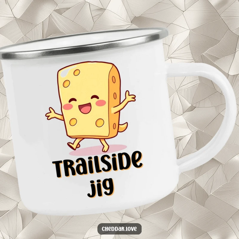 Funny camping mug with a smiling cheese wedge doing a silly dance, ready for outdoor fun and rhythm.