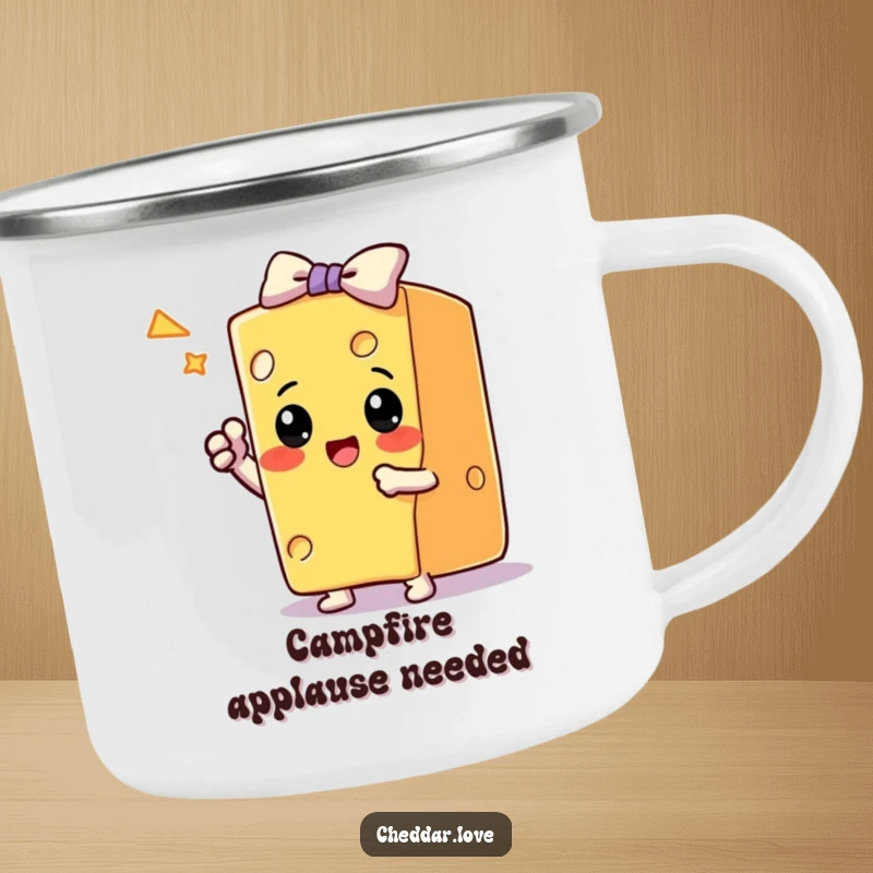 Funny Camping Mug: A block of cheese takes a triumphant bow after a trick, designed for outdoor enthusiasts.