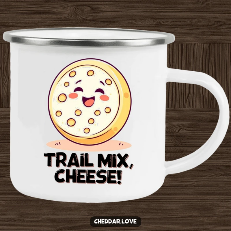 Funny happy cheese wheel rolling downhill with pure delight, a durable and humorous camping mug for foodies.